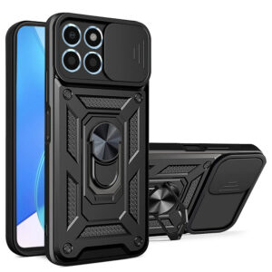 Husa telefon, compatibila cu Honor X6a, Rugged Shield LensProtect, Anti-soc, Capac glisant pentru camere, Protectie lentile, Acoperire completa, Inel de prindere, Magnet, Negru