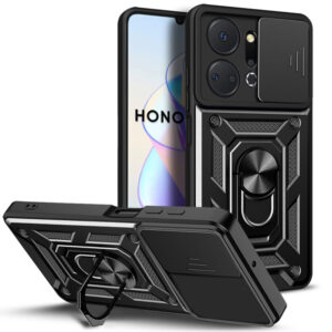 Husa telefon, compatibila cu Honor X7a, Rugged Shield LensProtect, Anti-soc, Capac glisant pentru camere, Protectie lentile, Acoperire completa, Inel de prindere, Magnet, Negru