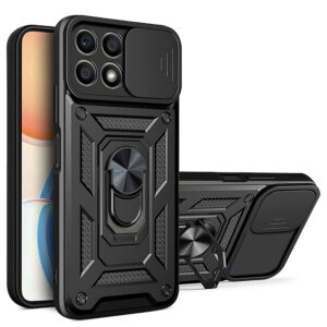 Husa telefon, compatibila cu Honor X8a, Rugged Shield LensProtect, Anti-soc, Capac glisant pentru camere, Protectie lentile, Acoperire completa, Inel de prindere, Magnet, Negru