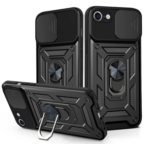 Husa telefon, compatibila cu Apple iPhone 6 / 6s, Rugged Shield LensProtect, Anti-soc, Capac glisant pentru camere, Protectie lentile, Acoperire completa, Inel de prindere, Magnet, Negru