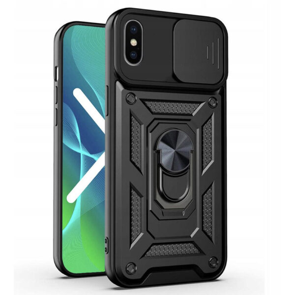 Husa telefon, compatibila cu Apple iPhone XS Max, Rugged Shield LensProtect, Anti-soc, Capac glisant pentru camere, Protectie lentile, Acoperire completa, Inel de prindere, Magnet, Negru