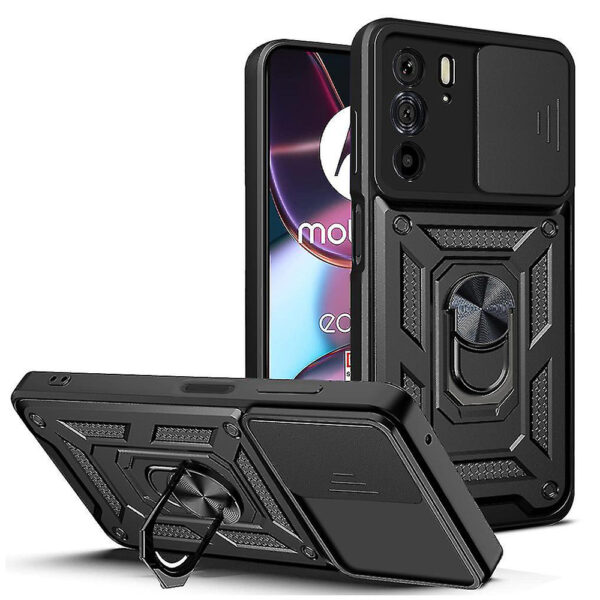 Husa telefon, compatibila cu Motorola Edge 30 Pro, Rugged Shield LensProtect, Anti-soc, Capac glisant pentru camere, Protectie lentile, Acoperire completa, Inel de prindere, Magnet, Negru