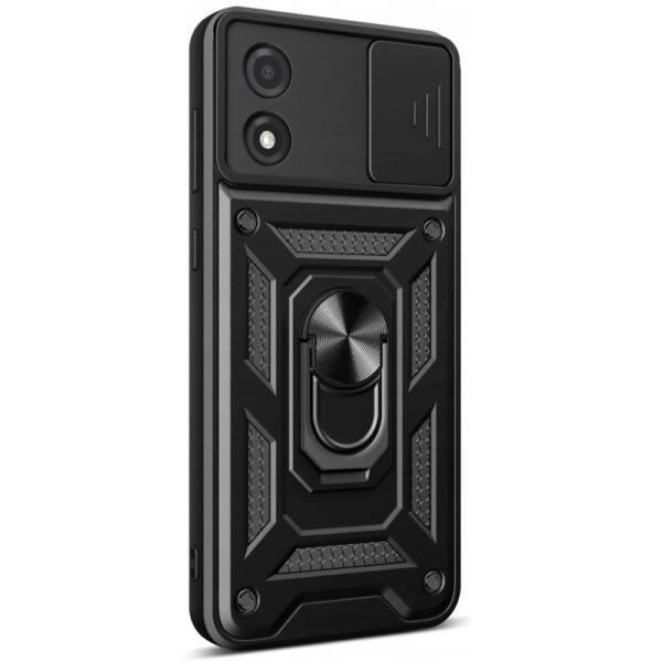 Husa telefon, compatibila cu Motorola Moto E13, Rugged Shield LensProtect, Anti-soc, Capac glisant pentru camere, Protectie lentile, Acoperire completa, Inel de prindere, Magnet, Negru