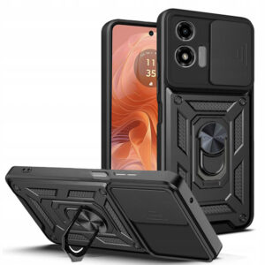 Husa telefon, compatibila cu Motorola Moto G04 / Moto G24, Rugged Shield LensProtect, Anti-soc, Capac glisant pentru camere, Protectie lentile, Acoperire completa, Inel de prindere, Magnet, Negru