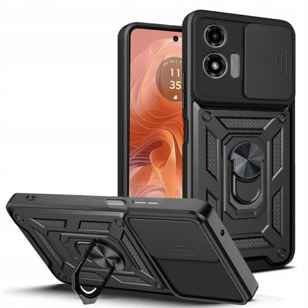 Husa telefon, compatibila cu Motorola Moto G04 / Moto G24, Rugged Shield LensProtect, Anti-soc, Capac glisant pentru camere, Protectie lentile, Acoperire completa, Inel de prindere, Magnet, Negru