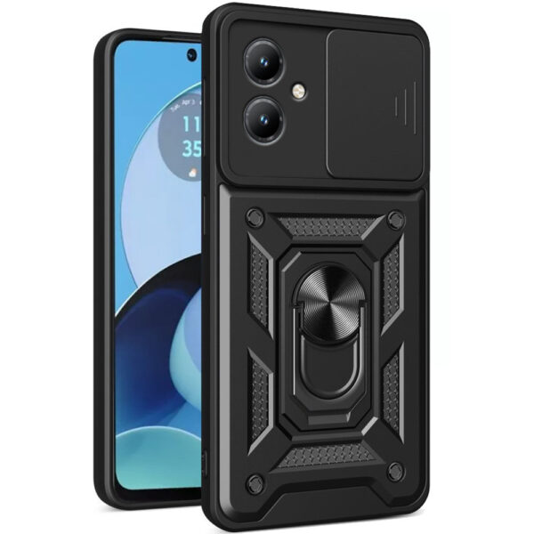 Husa telefon, compatibila cu Motorola Moto G14, Rugged Shield LensProtect, Anti-soc, Capac glisant pentru camere, Protectie lentile, Acoperire completa, Inel de prindere, Magnet, Negru