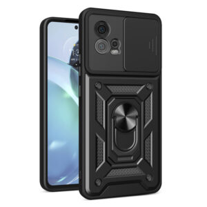 Husa telefon, compatibila cu Motorola Moto G72, Rugged Shield LensProtect, Anti-soc, Capac glisant pentru camere, Protectie lentile, Acoperire completa, Inel de prindere, Magnet, Negru