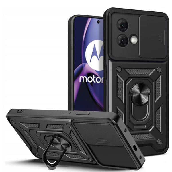 Husa telefon, compatibila cu Motorola Moto G84, Rugged Shield LensProtect, Anti-soc, Capac glisant pentru camere, Protectie lentile, Acoperire completa, Inel de prindere, Magnet, Negru