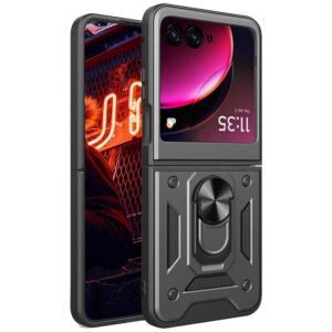 Husa telefon, compatibila cu Motorola Razr 40 Ultra, Rugged Shield LensProtect, Anti-soc, Capac glisant pentru camere, Protectie lentile, Acoperire completa, Inel de prindere, Magnet, Negru