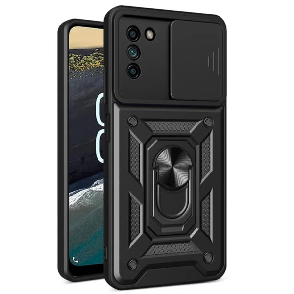 Husa telefon, compatibila cu Nokia G11 / G21, Rugged Shield LensProtect, Anti-soc, Capac glisant pentru camere, Protectie lentile, Acoperire completa, Inel de prindere, Magnet, Negru