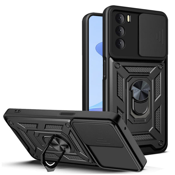 Husa telefon, compatibila cu Oppo A16 / A16s / A54s, Rugged Shield LensProtect, Anti-soc, Capac glisant pentru camere, Protectie lentile, Acoperire completa, Inel de prindere, Magnet, Negru