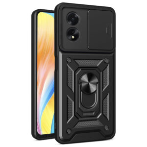 Husa telefon, compatibila cu Oppo A38, Rugged Shield LensProtect, Anti-soc, Capac glisant pentru camere, Protectie lentile, Acoperire completa, Inel de prindere, Magnet, Negru