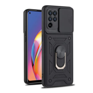 Husa telefon, compatibila cu Oppo A94 / Reno 5 Lite, Rugged Shield LensProtect, Anti-soc, Capac glisant pentru camere, Protectie lentile, Acoperire completa, Inel de prindere, Magnet, Negru