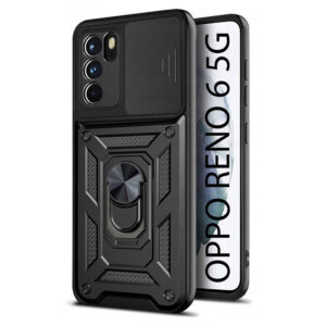 Husa telefon, compatibila cu Oppo Reno 6 5G, Rugged Shield LensProtect, Anti-soc, Capac glisant pentru camere, Protectie lentile, Acoperire completa, Inel de prindere, Magnet, Negru