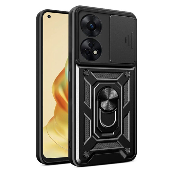 Husa telefon, compatibila cu Oppo Reno 8T, Rugged Shield LensProtect, Anti-soc, Capac glisant pentru camere, Protectie lentile, Acoperire completa, Inel de prindere, Magnet, Negru