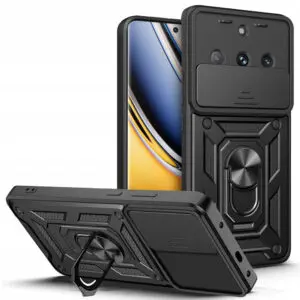 Husa telefon, compatibila cu Realme 11, Rugged Shield LensProtect, Anti-soc, Capac glisant pentru camere, Protectie lentile, Acoperire completa, Inel de prindere, Magnet, Negru