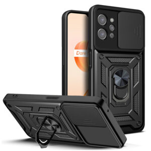 Husa telefon, compatibila cu Realme C31, Rugged Shield LensProtect, Anti-soc, Capac glisant pentru camere, Protectie lentile, Acoperire completa, Inel de prindere, Magnet, Negru