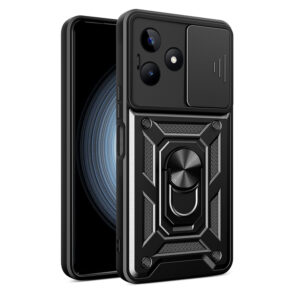 Husa telefon, compatibila cu Realme C53, Rugged Shield LensProtect, Anti-soc, Capac glisant pentru camere, Protectie lentile, Acoperire completa, Inel de prindere, Magnet, Negru