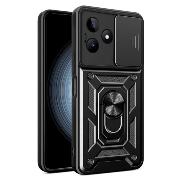 Husa telefon, compatibila cu Realme C53, Rugged Shield LensProtect, Anti-soc, Capac glisant pentru camere, Protectie lentile, Acoperire completa, Inel de prindere, Magnet, Negru