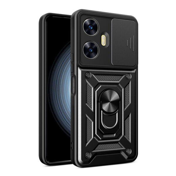 Husa telefon, compatibila cu Realme C55, Rugged Shield LensProtect, Anti-soc, Capac glisant pentru camere, Protectie lentile, Acoperire completa, Inel de prindere, Magnet, Negru