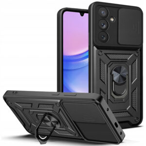 Husa telefon, compatibila cu Samsung Galaxy A15 4G / A15 5G, Rugged Shield LensProtect, Anti-soc, Capac glisant pentru camere, Protectie lentile, Acoperire completa, Inel de prindere, Magnet, Negru