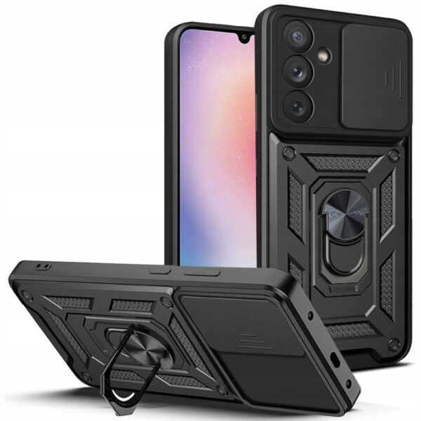 Husa telefon, compatibila cu Samsung Galaxy A25, Rugged Shield LensProtect, Anti-soc, Capac glisant pentru camere, Protectie lentile, Acoperire completa, Inel de prindere, Magnet, Negru