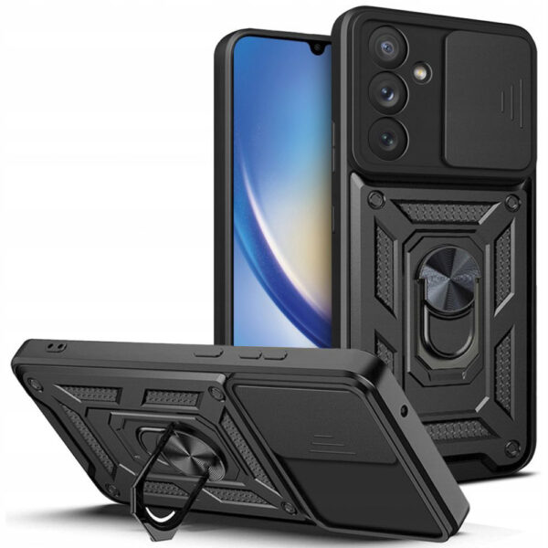 Husa telefon, compatibila cu Samsung Galaxy A35 5G, Rugged Shield LensProtect, Anti-soc, Capac glisant pentru camere, Protectie lentile, Acoperire completa, Inel de prindere, Magnet, Negru