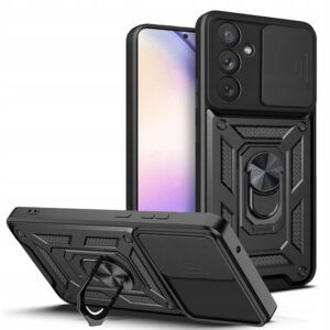 Husa telefon, compatibila cu Samsung Galaxy A55 5G, Rugged Shield LensProtect, Anti-soc, Capac glisant pentru camere, Protectie lentile, Acoperire completa, Inel de prindere, Magnet, Negru