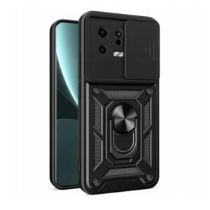 Husa telefon, compatibila cu Xiaomi 13, Rugged Shield LensProtect, Anti-soc, Capac glisant pentru camere, Protectie lentile, Acoperire completa, Inel de prindere, Magnet, Negru