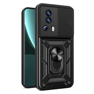 Husa telefon, compatibila cu Xiaomi 13 Lite, Rugged Shield LensProtect, Anti-soc, Capac glisant pentru camere, Protectie lentile, Acoperire completa, Inel de prindere, Magnet, Negru