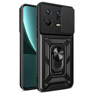 Husa telefon, compatibila cu Xiaomi 13 Pro, Rugged Shield LensProtect, Anti-soc, Capac glisant pentru camere, Protectie lentile, Acoperire completa, Inel de prindere, Magnet, Negru