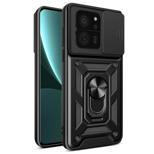 Husa telefon, compatibila cu Xiaomi 13T / 13T Pro, Rugged Shield LensProtect, Anti-soc, Capac glisant pentru camere, Protectie lentile, Acoperire completa, Inel de prindere, Magnet, Negru