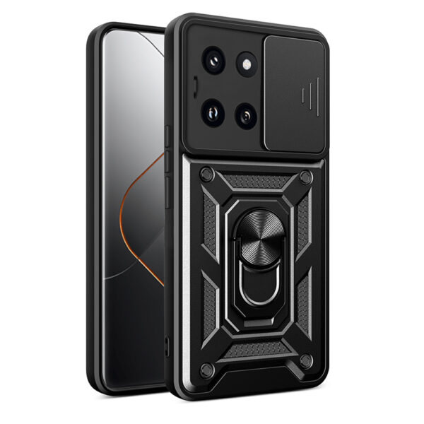 Husa telefon, compatibila cu Xiaomi 14, Rugged Shield LensProtect, Anti-soc, Capac glisant pentru camere, Protectie lentile, Acoperire completa, Inel de prindere, Magnet, Negru