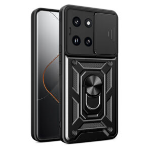 Husa telefon, compatibila cu Xiaomi 14 Pro, Rugged Shield LensProtect, Anti-soc, Capac glisant pentru camere, Protectie lentile, Acoperire completa, Inel de prindere, Magnet, Negru