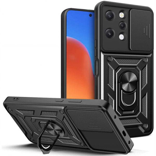 Husa telefon, compatibila cu Xiaomi Redmi 12 4G / 12 5G, Rugged Shield LensProtect, Anti-soc, Capac glisant pentru camere, Protectie lentile, Acoperire completa, Inel de prindere, Magnet, Negru