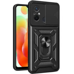 Husa telefon, compatibila cu Xiaomi Redmi 12C / 11A, Rugged Shield LensProtect, Anti-soc, Capac glisant pentru camere, Protectie lentile, Acoperire completa, Inel de prindere, Magnet, Negru