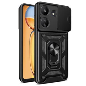 Husa telefon, compatibila cu Xiaomi Redmi 13C 4G / Poco C65, Rugged Shield LensProtect, Anti-soc, Capac glisant pentru camere, Protectie lentile, Acoperire completa, Inel de prindere, Magnet, Negru