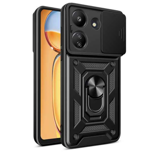 Husa telefon, compatibila cu Xiaomi Redmi 13C 4G / Poco C65, Rugged Shield LensProtect, Anti-soc, Capac glisant pentru camere, Protectie lentile, Acoperire completa, Inel de prindere, Magnet, Negru