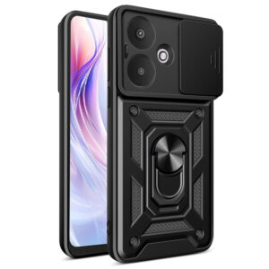 Husa telefon, compatibila cu Xiaomi Redmi 13C 5G / Poco M6, Rugged Shield LensProtect, Anti-soc, Capac glisant pentru camere, Protectie lentile, Acoperire completa, Inel de prindere, Magnet, Negru