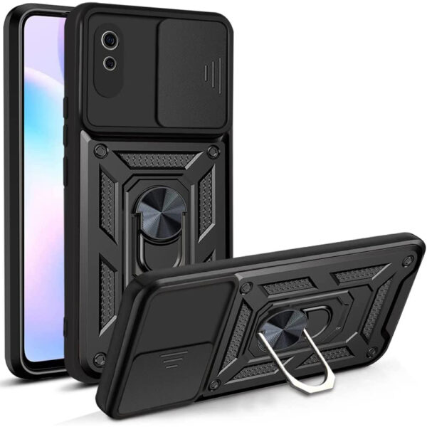 Husa telefon, compatibila cu Xiaomi Redmi 9A / 9AT, Rugged Shield LensProtect, Anti-soc, Capac glisant pentru camere, Protectie lentile, Acoperire completa, Inel de prindere, Magnet, Negru