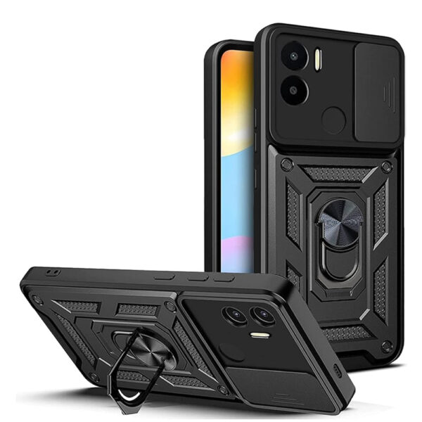 Husa telefon, compatibila cu Xiaomi Redmi A1 Plus / A2 Plus, Rugged Shield LensProtect, Anti-soc, Capac glisant pentru camere, Protectie lentile, Acoperire completa, Inel de prindere, Magnet, Negru