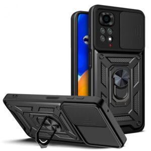 Husa telefon, compatibila cu Xiaomi Redmi Note 11 Pro 4G / 11 Pro 5G / 12 Pro 4G, Rugged Shield LensProtect, Anti-soc, Capac glisant pentru camere, Protectie lentile, Acoperire completa, Inel de prindere, Magnet, Negru