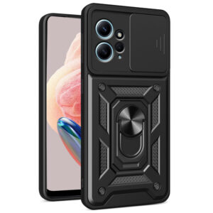 Husa telefon, compatibila cu Xiaomi Redmi Note 12 Pro 5G / Poco X5 Pro, Rugged Shield LensProtect, Anti-soc, Capac glisant pentru camere, Protectie lentile, Acoperire completa, Inel de prindere, Magnet, Negru