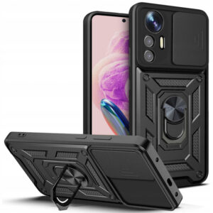 Husa telefon, compatibila cu Xiaomi Redmi Note 12s 4G, Rugged Shield LensProtect, Anti-soc, Capac glisant pentru camere, Protectie lentile, Acoperire completa, Inel de prindere, Magnet, Negru