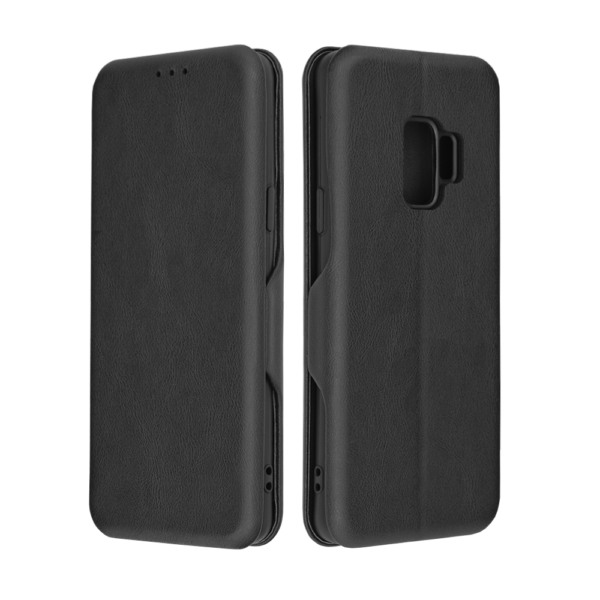 Husa Power Magnet compatibila cu Samsung Galaxy S9, Interior catifea, Exterior piele, Tip carte, Suport card, Protectie camere, Inchidere magnetica, Negru