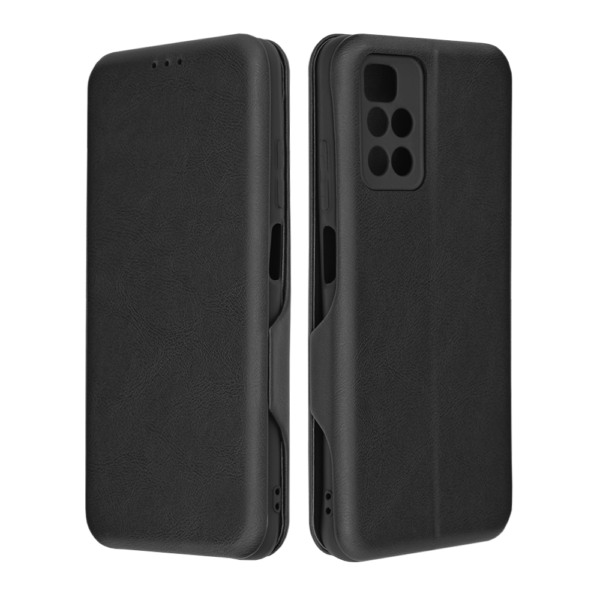 Husa Power Magnet compatibila cu Xiaomi Redmi 10, Interior catifea, Exterior piele, Tip carte, Suport card, Protectie camere, Inchidere magnetica, Negru