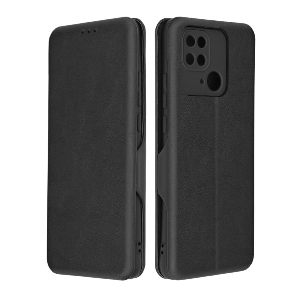 Husa Power Magnet compatibila cu Xiaomi Redmi 10C, Interior catifea, Exterior piele, Tip carte, Suport card, Protectie camere, Inchidere magnetica, Negru