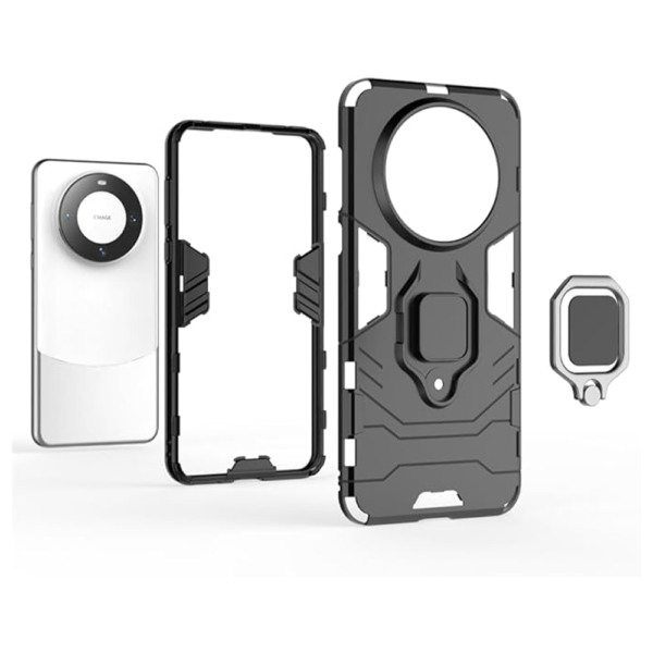 Husa COMANDO Armor Ring compatibila cu Huawei Mate 60, Tactical Defense Protect, Hybrid Antishock, Placuta metalica integrata pentru prindere suport auto, Inel rotativ 360 grade, PVC si PC, Negru