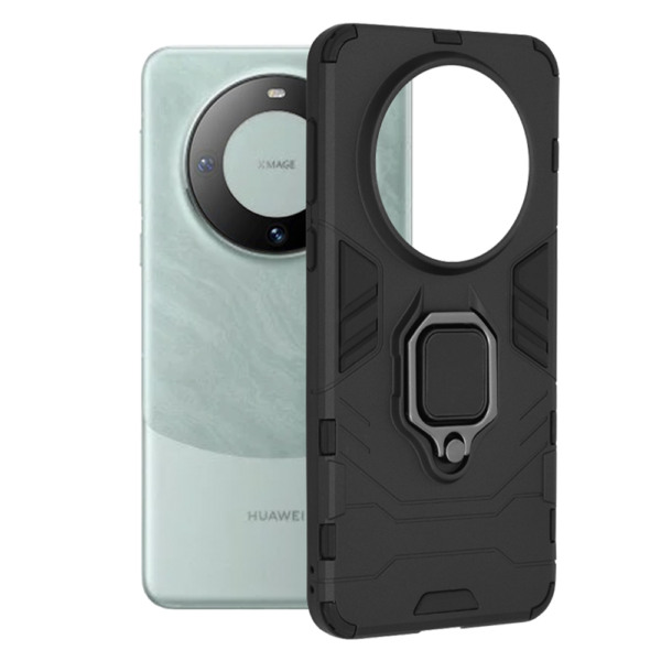 Husa COMANDO Armor Ring compatibila cu Huawei Mate 60 Pro, Tactical Defense Protect, Hybrid Antishock, Placuta metalica integrata pentru prindere suport auto, Inel rotativ 360 grade, PVC si PC, Negru