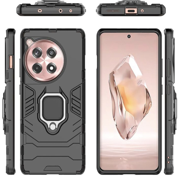 Husa COMANDO Armor Ring compatibila cu OnePlus 12R, Tactical Defense Protect, Hybrid Antishock, Placuta metalica integrata pentru prindere suport auto, Inel rotativ 360 grade, PVC si PC, Negru